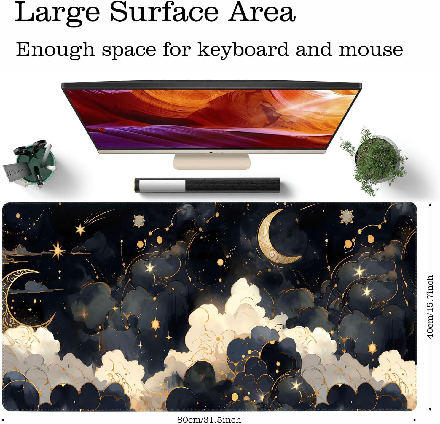 Black Gold Cloud Moon Desk Mat Gaming Desk Pad Large Mouse Pads, XXL Mouse Mat Laptop Keyboard Pad Desk Matt Computer Protector for Desktop with Non-Slip Base and Stitched Edge 31.5 x 11.7 in