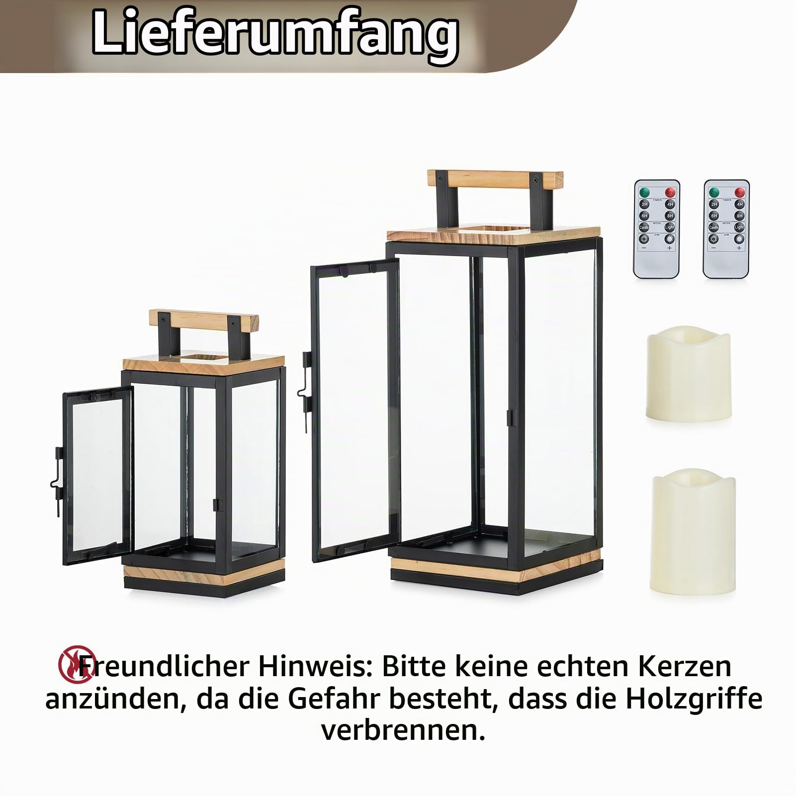 NUPTIO Laterne mit Timer für Kerzen Holz: 34 23.5cm LED Kerzen Laternen Set Schwarz Metall Outdoor Holzlaterne Kerzenlaterne Draußen Weihnachten Grablaterne Friedhof Wetterfest Gartenlaterne Windlicht