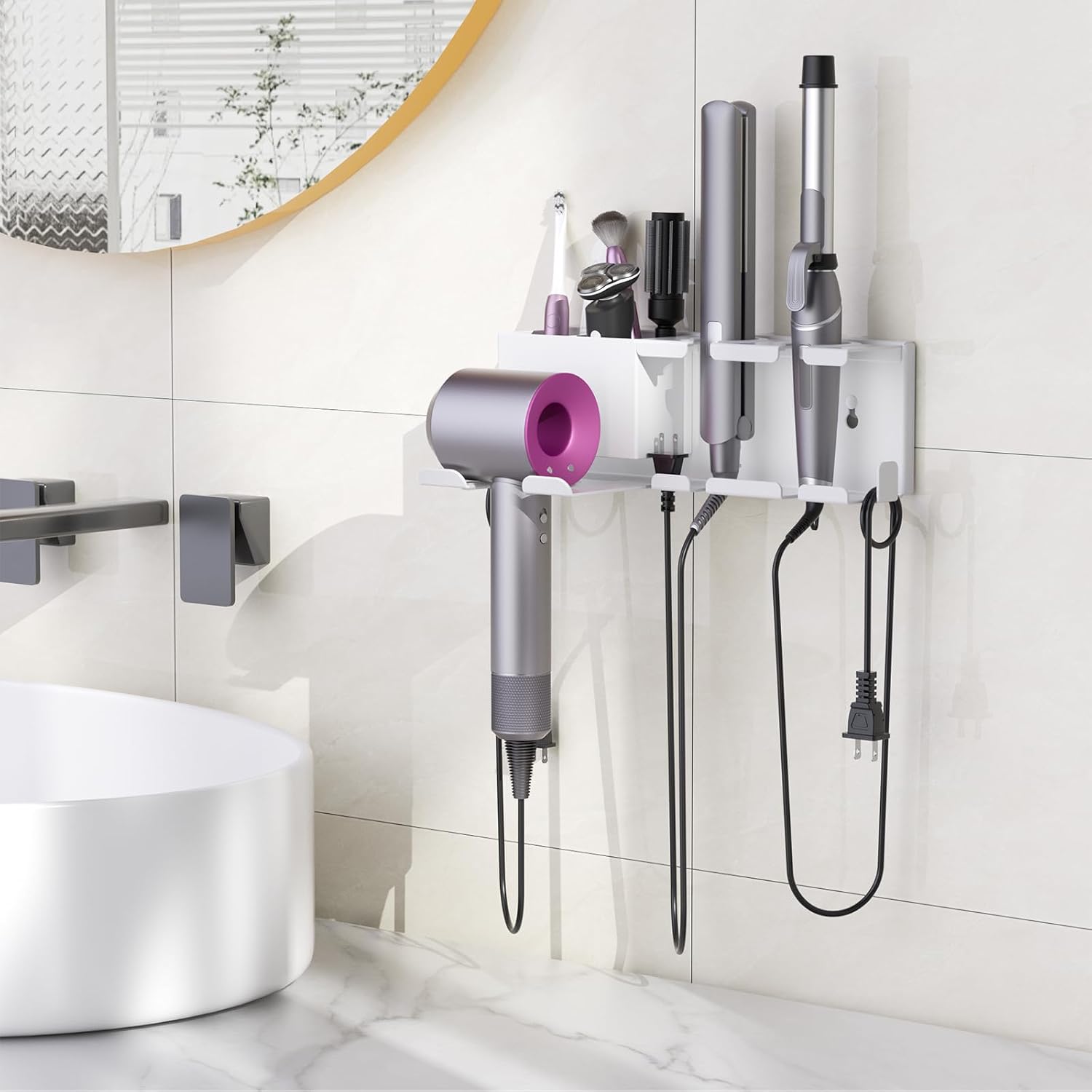 YSD Hair Dryer Holder Wall Mounted, Metal Hair Tools Organizer, Hair Dryer Holder for Blow Dryer, Curling Iron, Straightener, 3 in 1 Bathroom Hair Tool Organizer, White