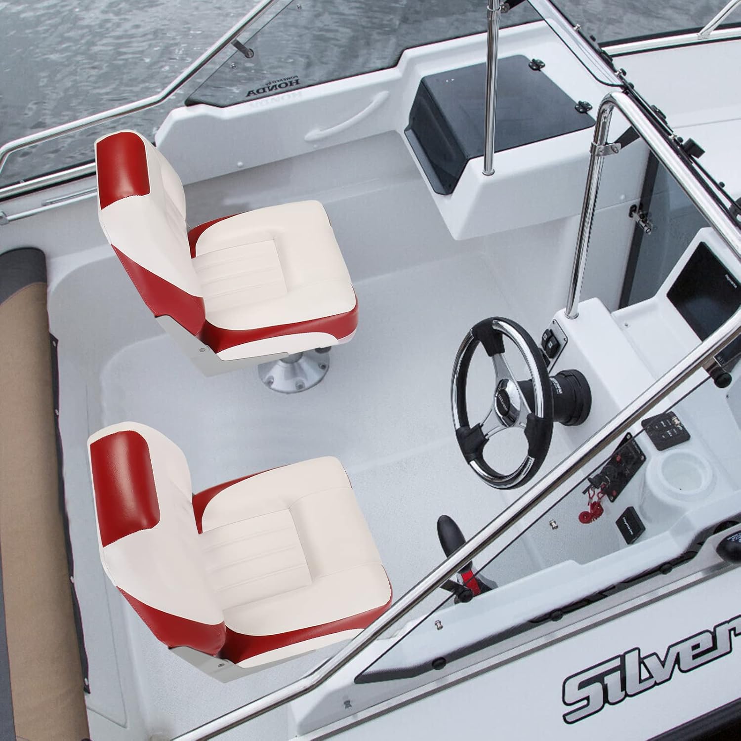 PEXMOR Boat Seats Low/High Back, Folding Boat Seat Included, Fold-Down Fishing Boat Seats Waterproof Captain Boat Seat w/Aluminum Hinges & Thick Soft Cushion, 2 Packs (Low Back-Red & White)