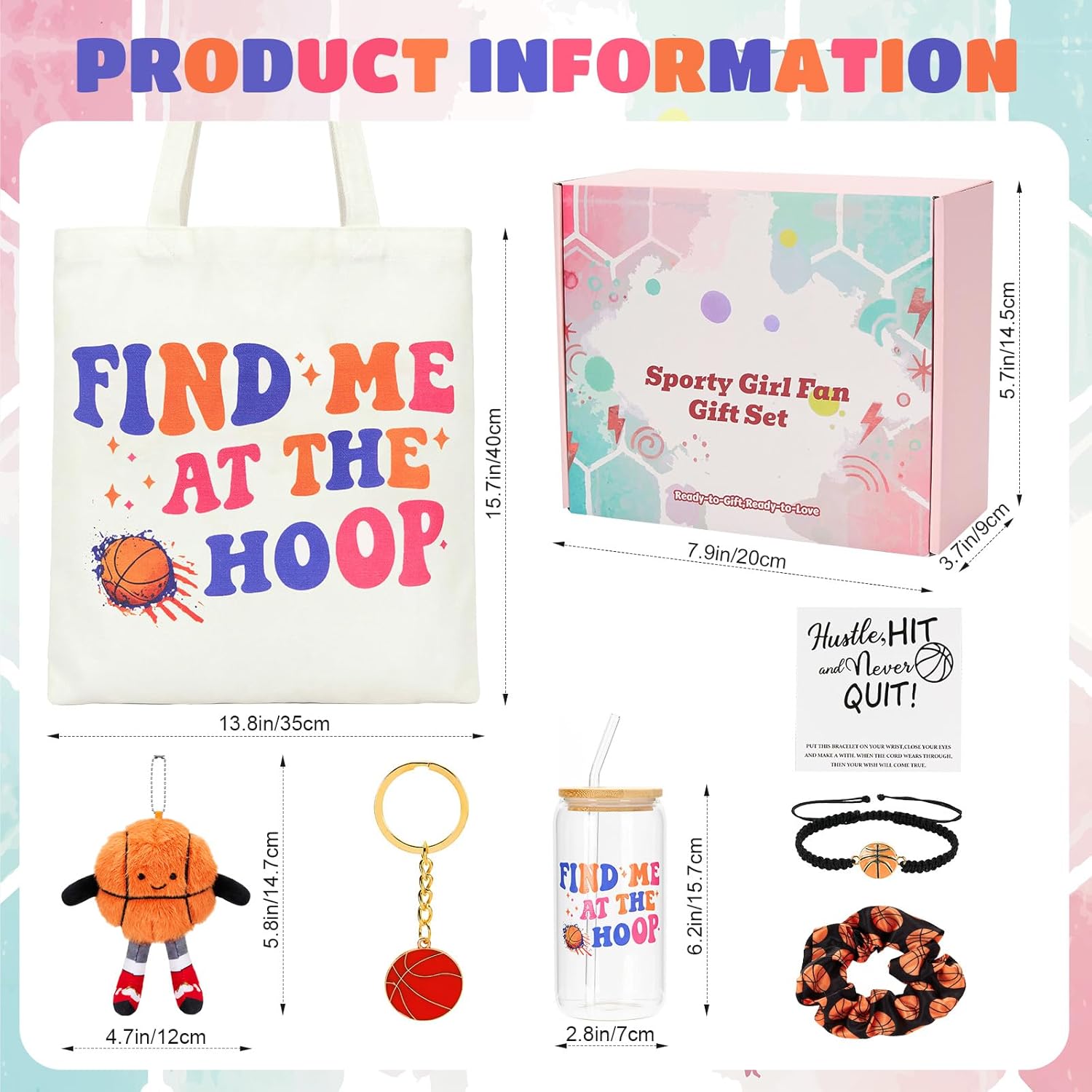 Defresit Basketball Gifts for Girls - 7PCS Basketball Accessories Gift with 16oz Glass Cup, Tote Bag, Bracelet, Scrunchie & Plush Keychain, Inspirational Sports Gifts for Teen Players