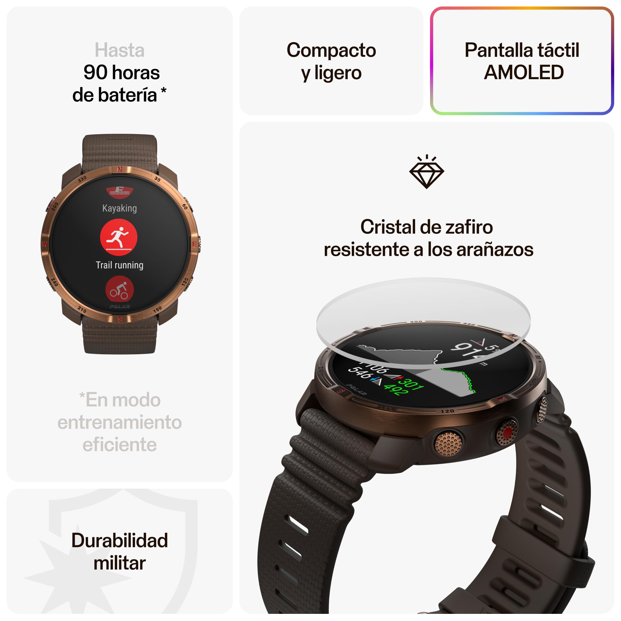 Polar Grit X2 Reloj Multideporte GPS AMOLED Mapas Offline GPS Dual ECG Muñeca Biosensores Elixir SpO2 Batería 7 Días Copper Brown