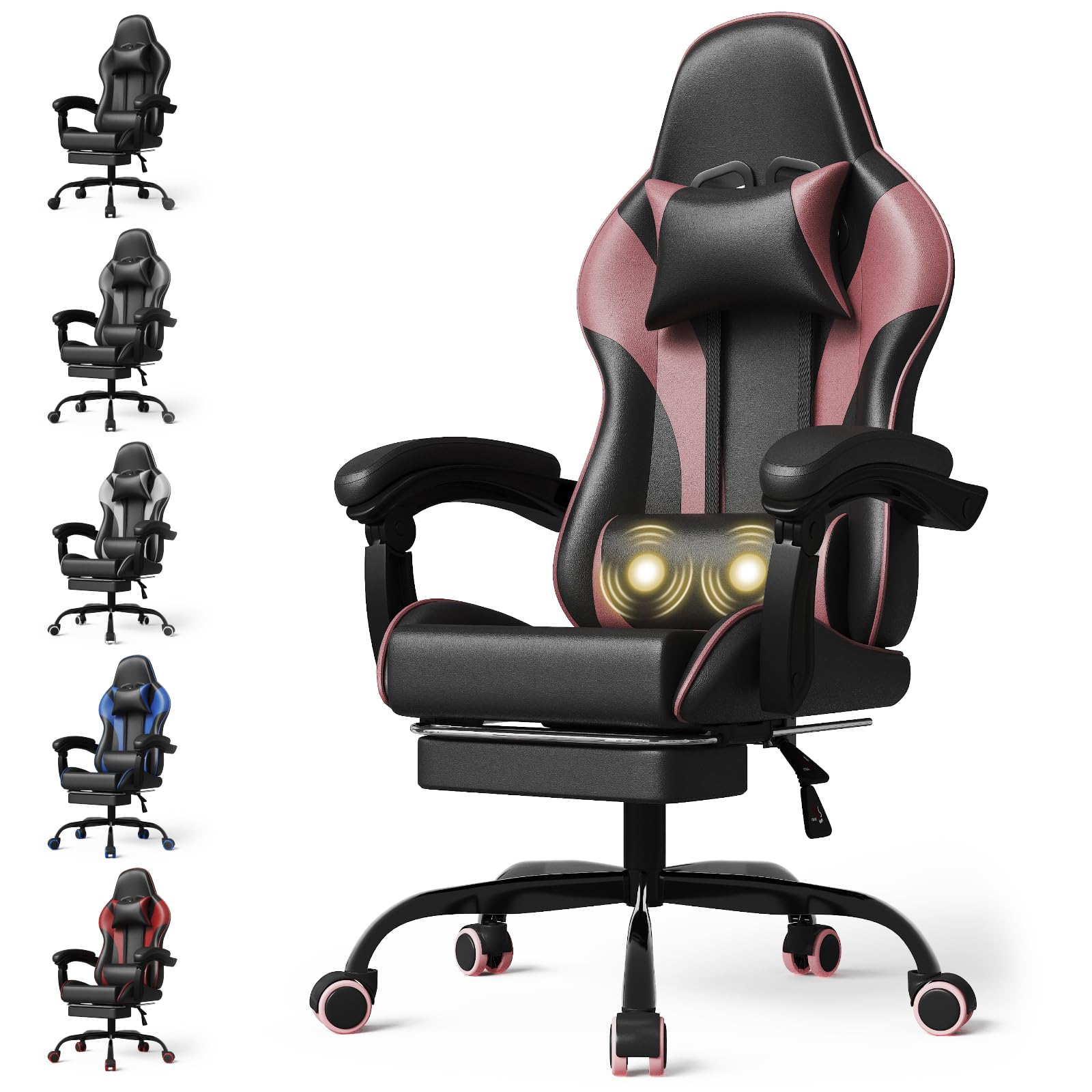 Devoko Silla de oficina con reposapiés y cojín lumbar de masaje, silla para gamer con reposacabezas, ergonómica, capacidad de carga de 150 kg, color rosa