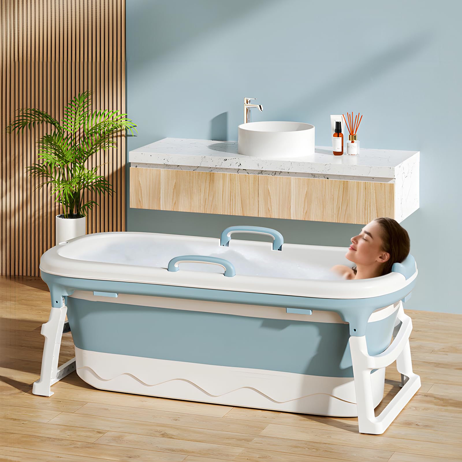 Warmiehomy Baignoire portable pour adulte, 138 x 62 x 52 cm, grande baignoire pliable, baignoire épaisse sur pied, baignoire de massage à la vapeur avec couvercle, baignoire de sauna à la maison pour