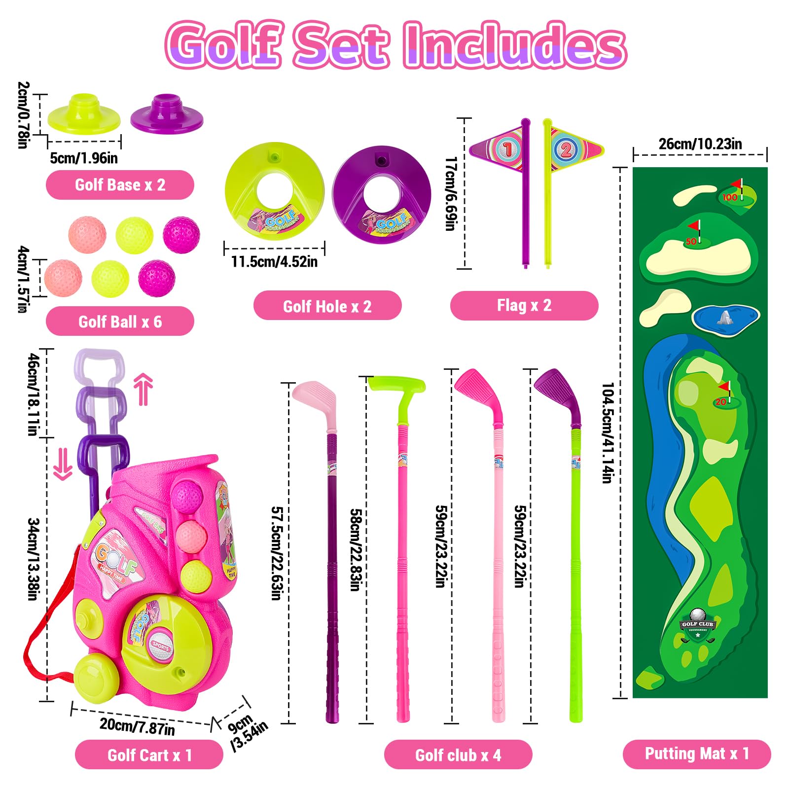 deAO Golf Set Giocattoli per Bambini, Tappetino da Golf, 4 Putter da 60CM, 6 Palline da Golf, Giocattoli per Bambini, Giocattoli da Interno Esterno Regali di Compleanno per Ragazzi Ragazze