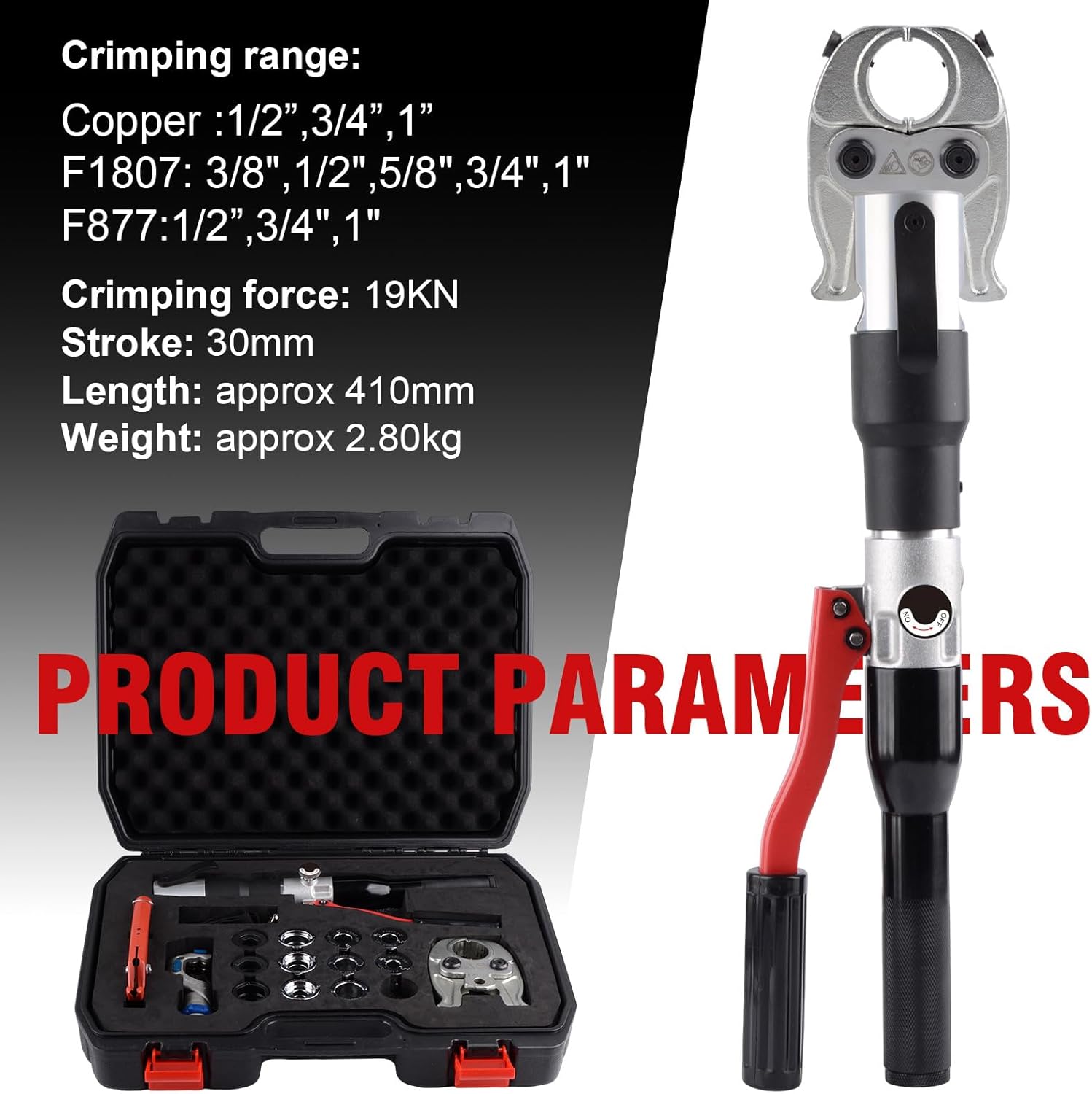 Hydraulic Crimping Tool | 65MPa Auto Pressure Relief | 1/2"-1" Dies for Copper Pipes & F877 PEX Sleeves | 3/8"-1" Dies for ASTM F1807 PEX Rings（KZ-1930SF）