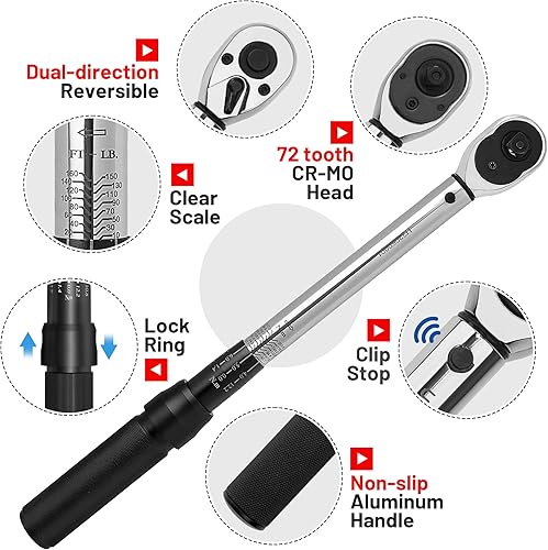 Miniatura 9 de Juego de llaves dinamométricas de clic de 12 pulgada, 10-160 FT-LB13.6-217Nm llave dinamométrica de 12, kit de llave dinamométrica de 12 con barra