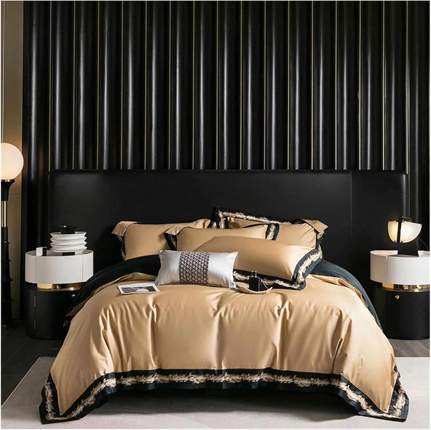 1000TC Egyptian Cotton Jacquard Embroidery Luxury Bedding Set Champagne Gold Black Patchwork Duvet Cover Bed Sheet Pillowcases,Bed