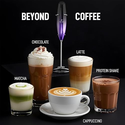 Vista 748 de Zulay Kitchen - Espumador de leche de mano con pilas AA Duracell: batidora de bebidas resistente para café, latte, capuchino y más, color aurora