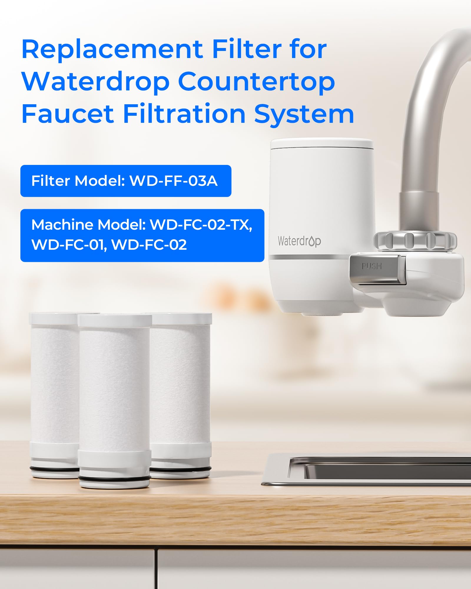 Waterdrop Filtro de agua de repuesto para grifo de agua WD-FF-03A compatible con el filtro de agua del grifo Waterdrop WD-FC-02-TX, dura hasta 9 meses, paquete de 3 unidades