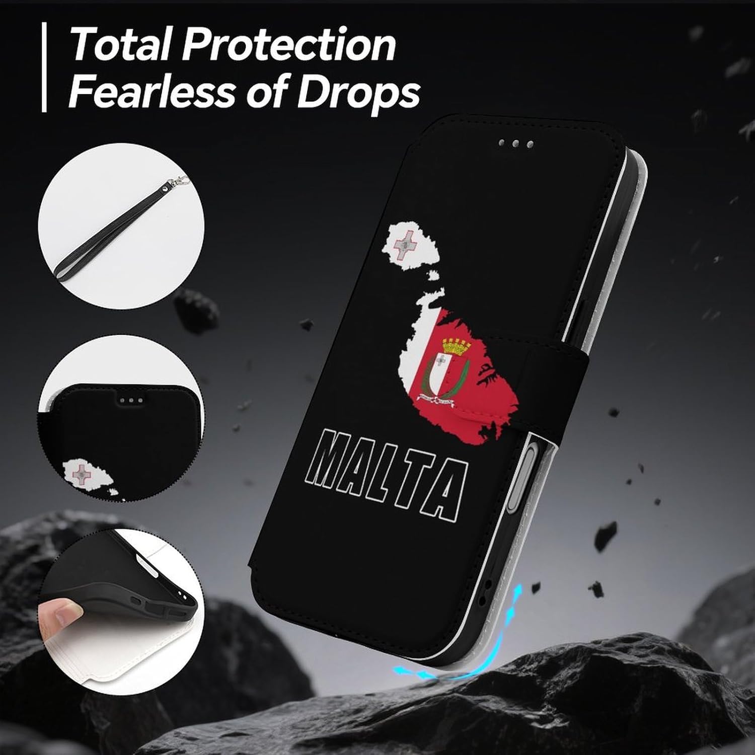 Malta Flag Map National Emblem Compatible with iPhone 16/16 Plus/16 Pro/16 Pro Max/16 E Case Phone Wallet Card Holder Flip Cover with Wrist Strap