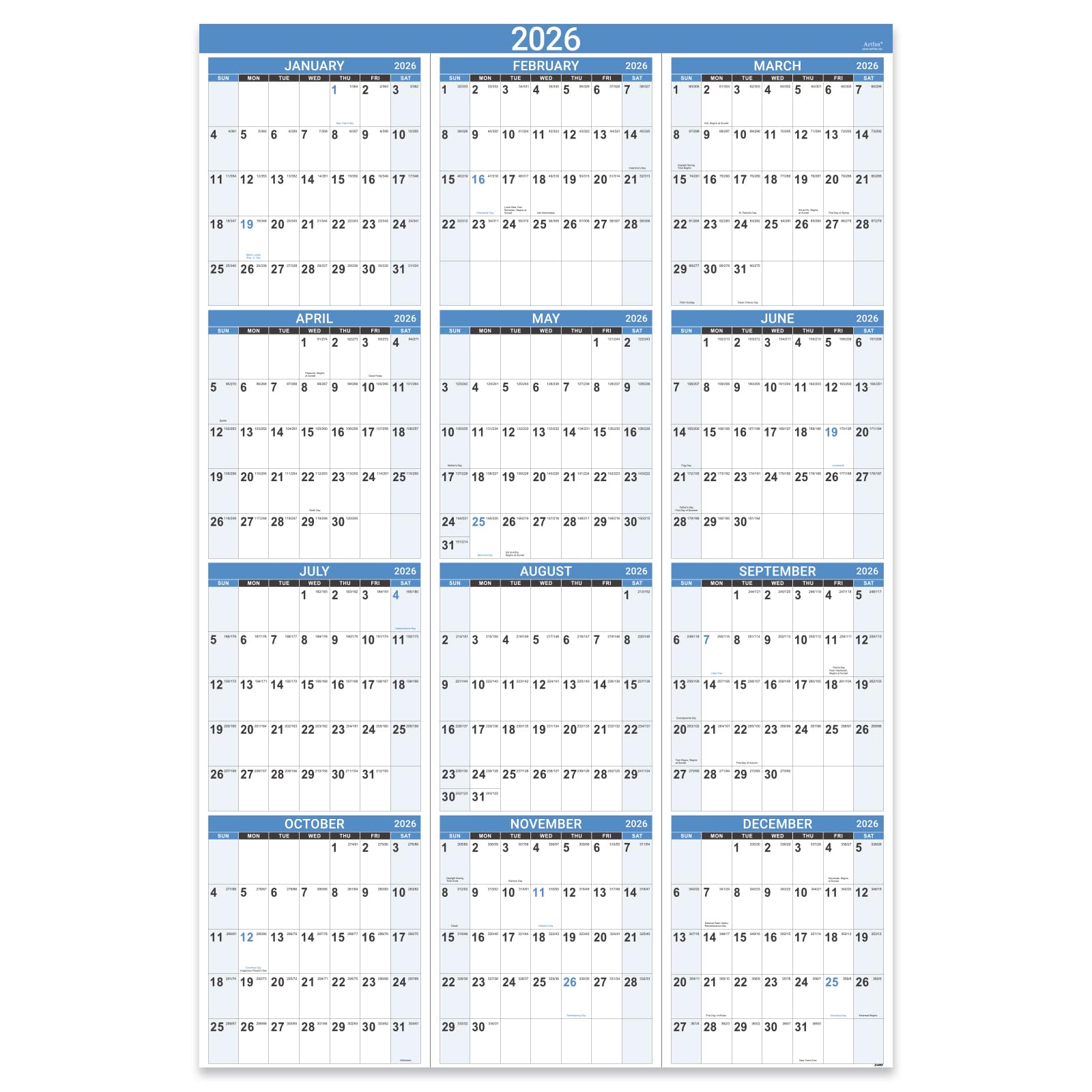 2026 Wall Calendar - Yearly Wall Calendar 2026, Jan 2026 - Dec 2026, 2026 Yearly Wall Calendars with Thick Paper, Vertical, Gift Pocket, 34.8" x 22.8" (Open), One Page for Organizing - Haze Blue