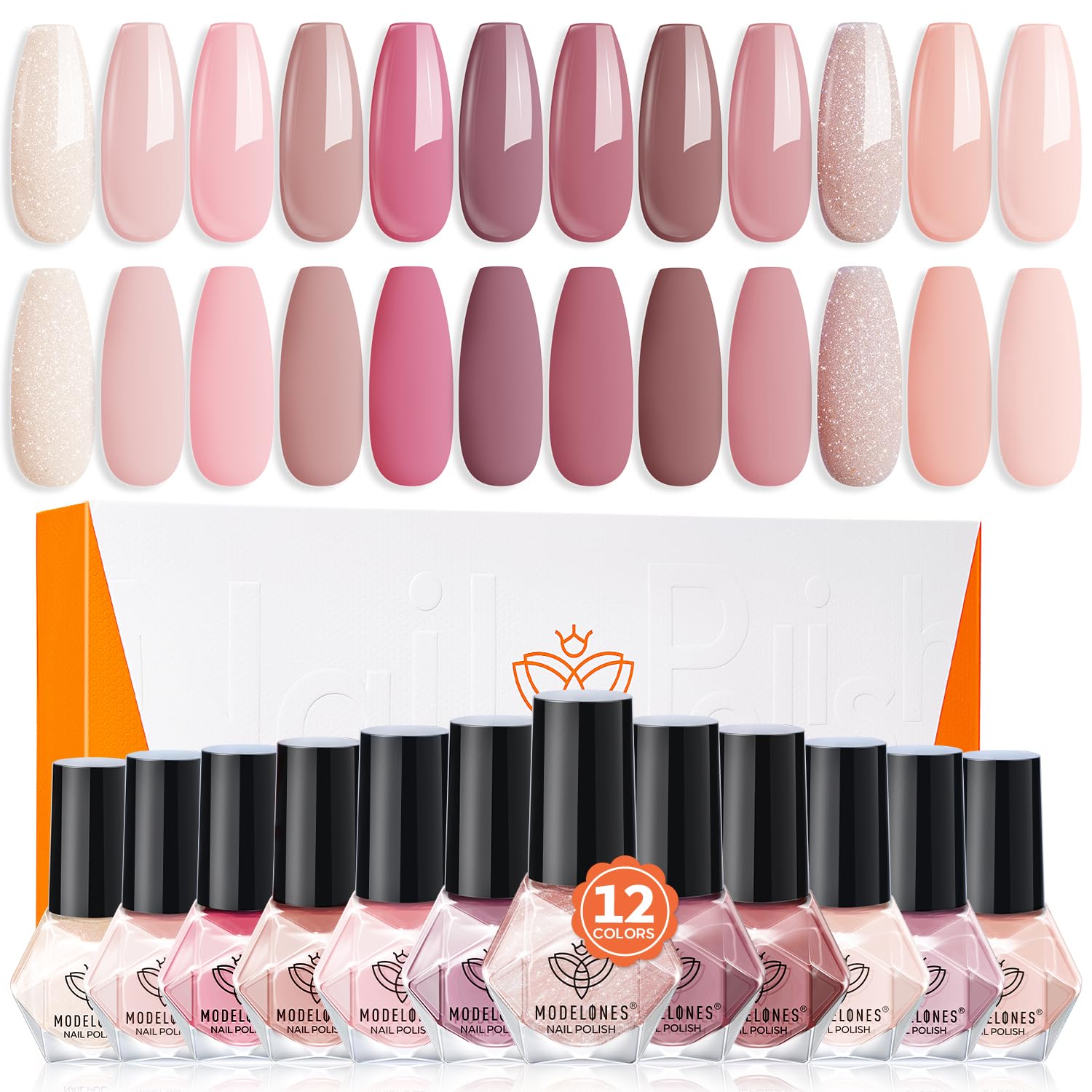 modelones Nail Polish Set 12 Colors Nude Pink Quick Dry Mini Nail Lacquer Kit, Neutral Shimmer White Glitter Finger Toe Nail Polish Bulk Manicure DIY Nail Art Salon Travel Home Gift for Women Girls
