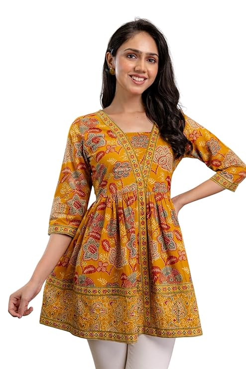 Stylum Women’s Floral Printed Cotton Peplum Top – Mustard