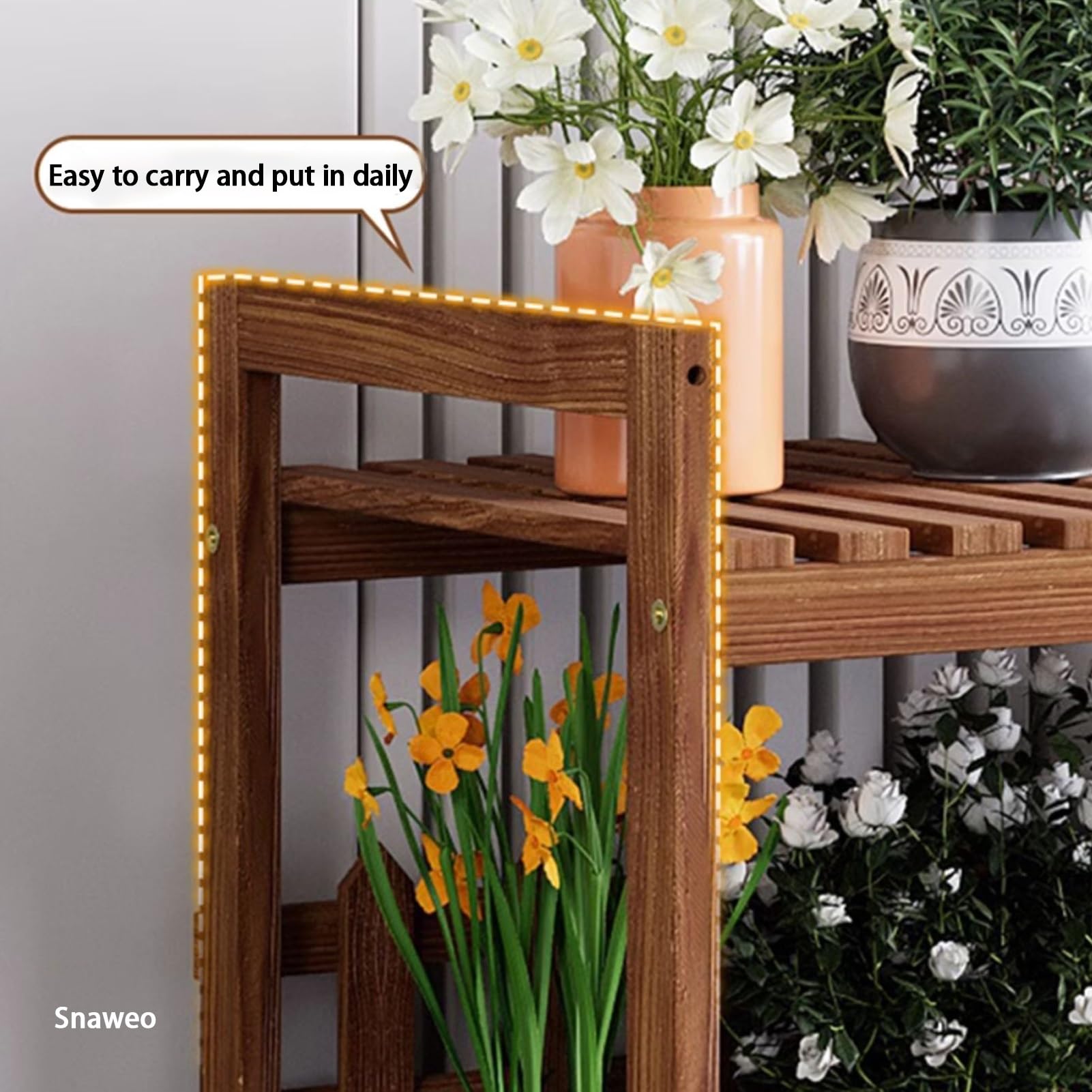Étagère à Plantes en Bois à 2 Niveaux sur roulettes - Finition Naturelle - Convient pour l'intérieur et l'extérieur - 50 x 35 cm - Idéale pour Un Balcon, Un Salon ou Une fenêtre.