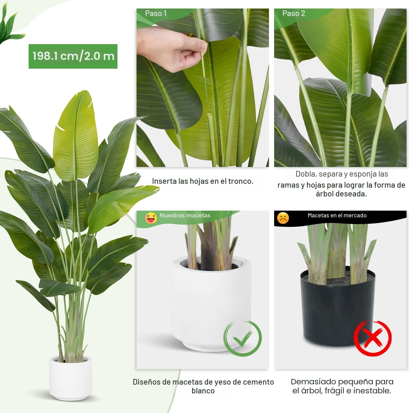 Planta Artificial Ave del Paraíso 200cm Plantas Artificiales Decorativas con 15 Hojas de Plátano,Planta Artificial Grande Interior con Maceta Blanca para Decoracion Hogar Salon Casa Room Decor