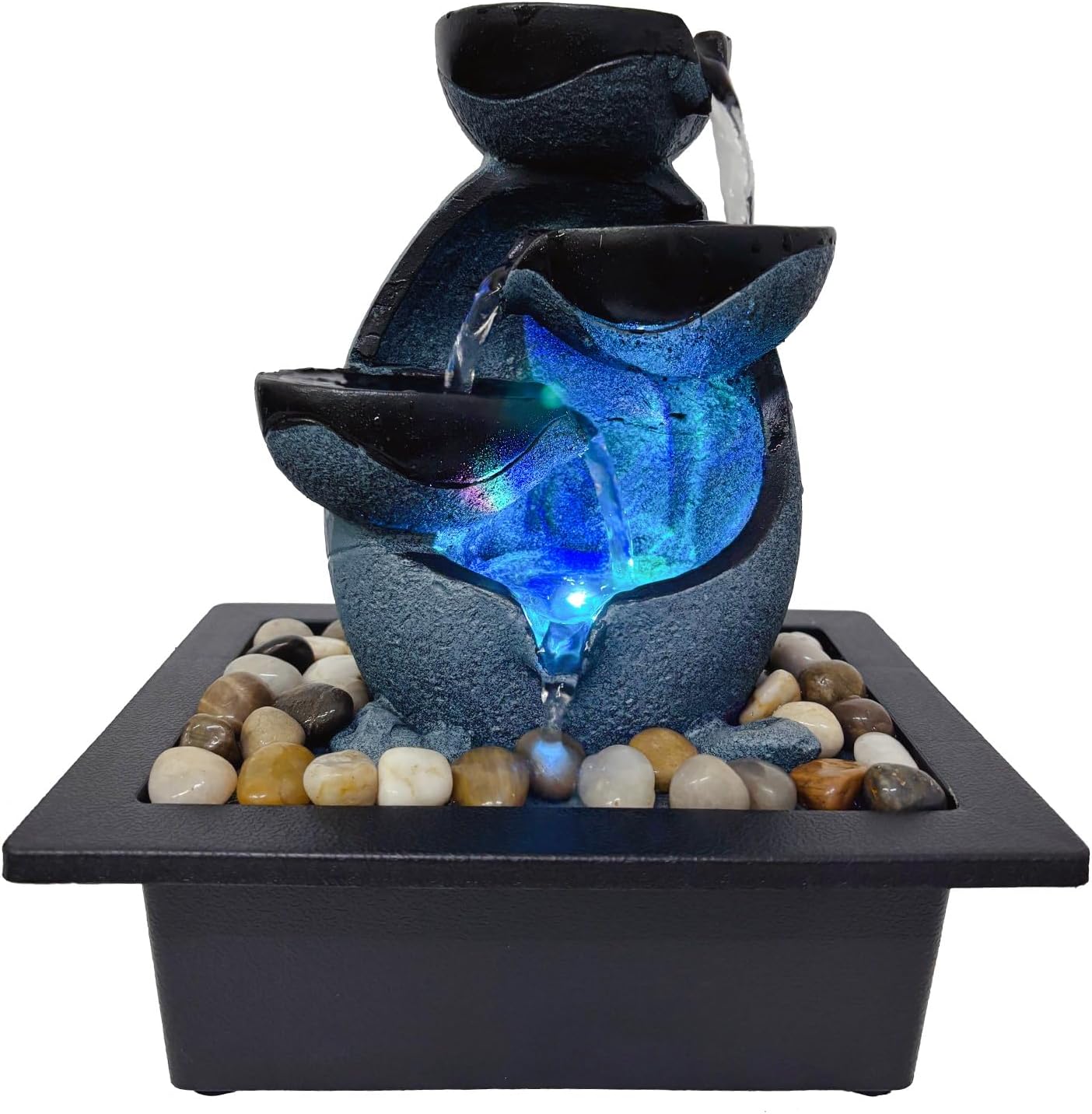 Indoor Tabletop Water Fountain, Resin Zen Meditation Waterfall Fountain with ON/Off Switch, Indoor Waterfall Feature with Color LED Light for Home Office Decor