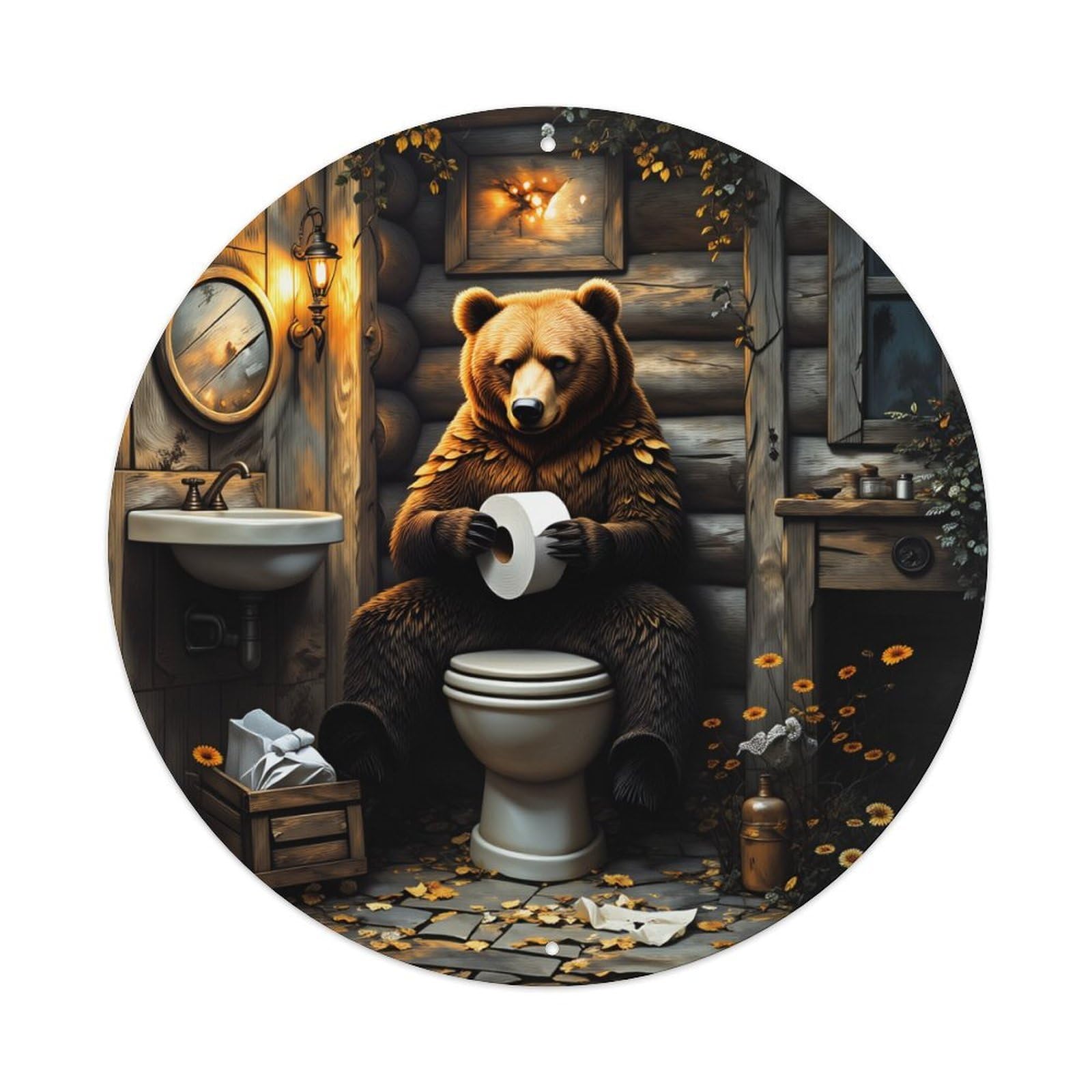 Bear Sitting On Toilet Holding Toilet Paper In Rustic Cabin Metal Tin Sign