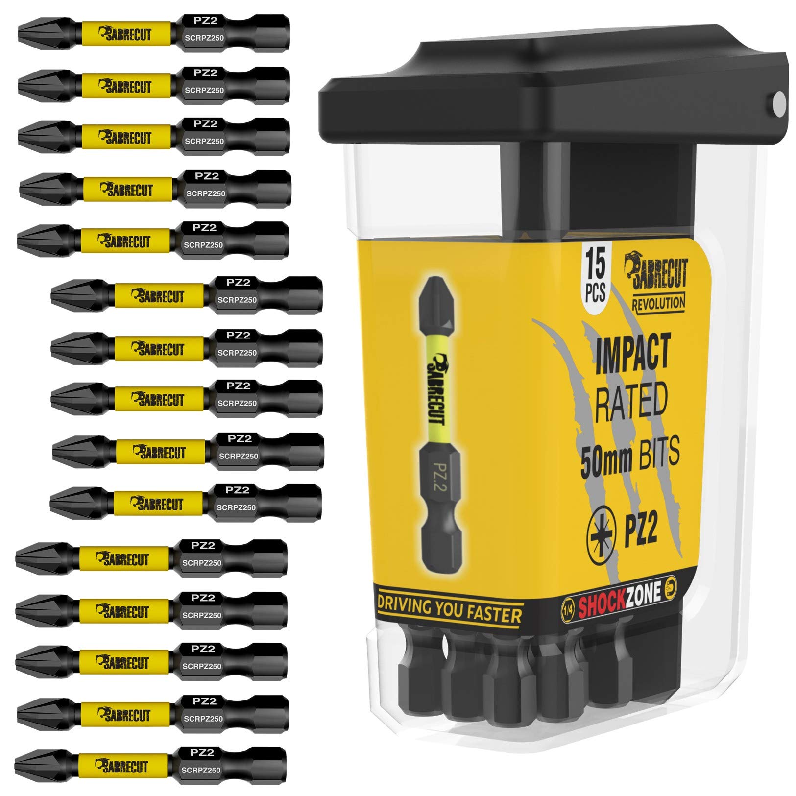 15 embouts de tournevis à percussion magnétique SabreCut SCRPZ25015B 50 mm PZ2 dans une boîte TIC TAC Pozi Pozidriv à extrémité
