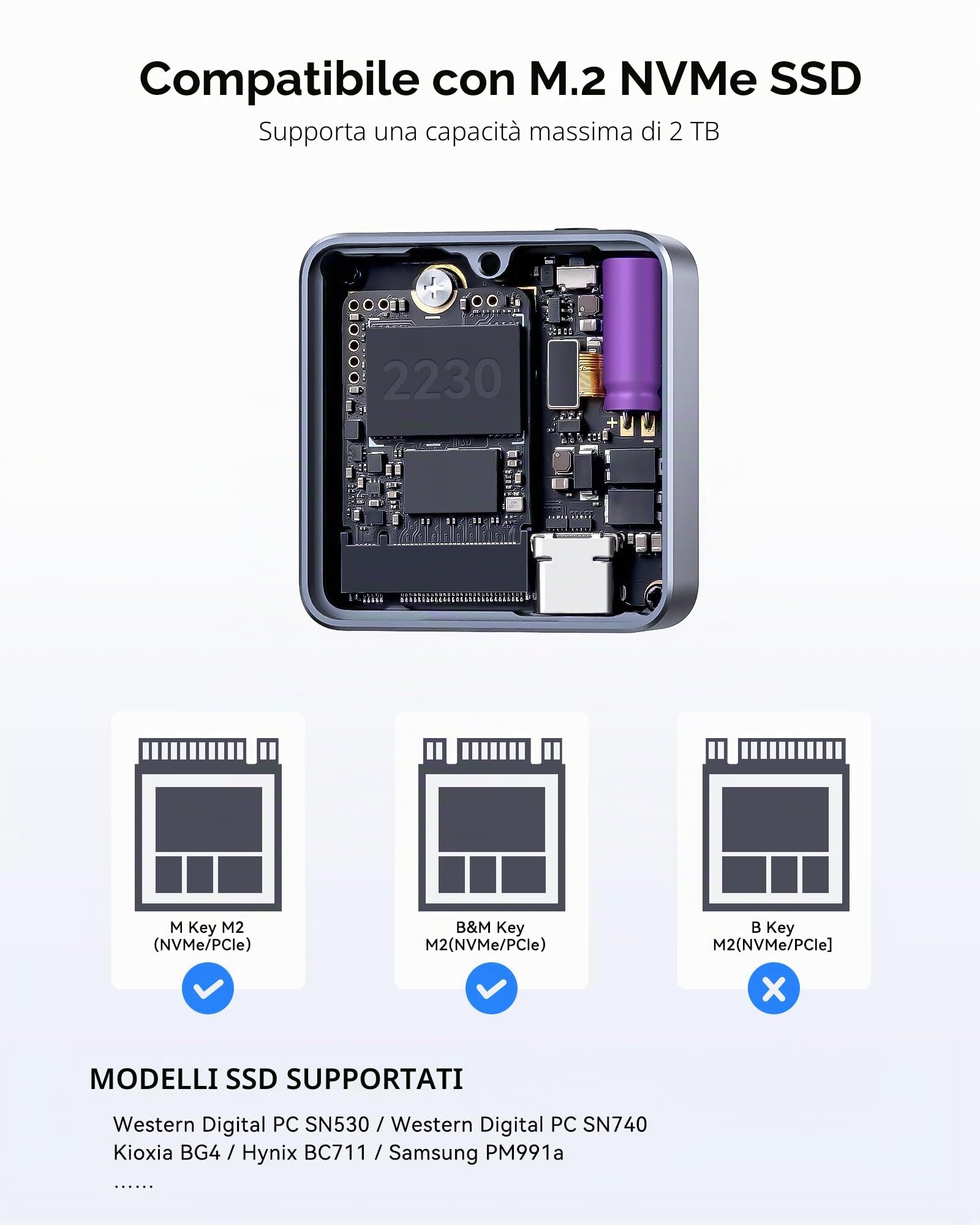 DOCKCASE Smart Pocket SSD Case - 3S Power Loss Protection, NVMe M.2 Alloggiamento in tempo reale SD, USB 3.2 Gen 2 10Gbps, supporta SSD NVMe/PCIe 2230 M.2 fino a 2TB