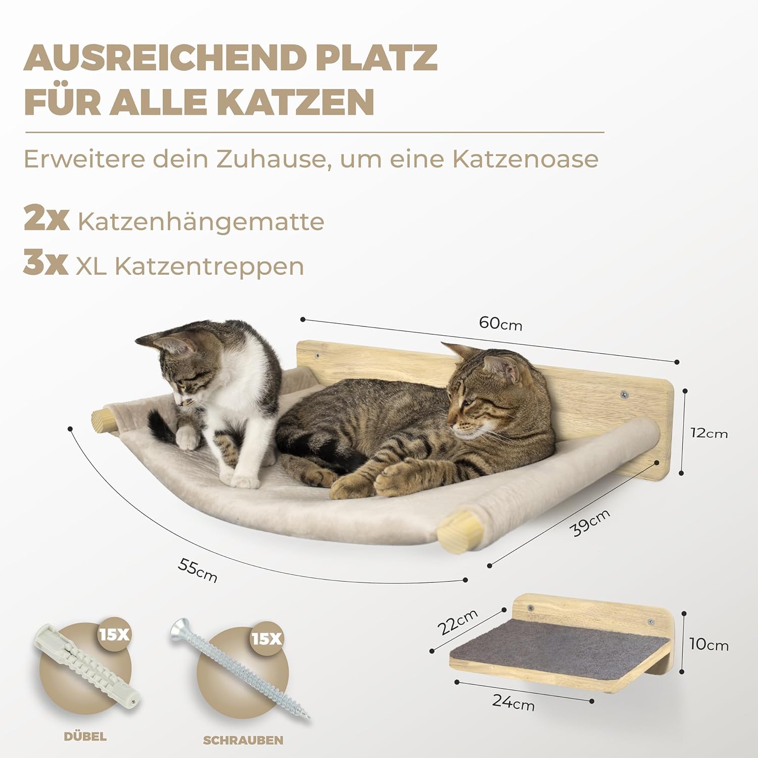WOOWOOD® 2X Kletterwand Katzen - 3X Katzentreppe Wand- Kratzbaum Wand - Hängematte Katze - Wandkratzbaum - Katzenmöbel - Katzenwand - Katzen Kletterwand Set - Naturhell