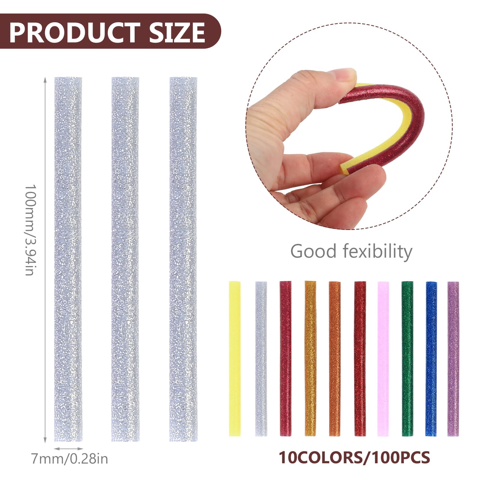 100 Pz Stick di Colla a Caldo Colorati 7mm, Multicolori Colla a Caldo Bastoncini per Pistola Colla a Caldo Ricariche, 7 mm x 100 mm Colla a Caldo Bastoni per Lavori Fai Da Te (10 Colori)