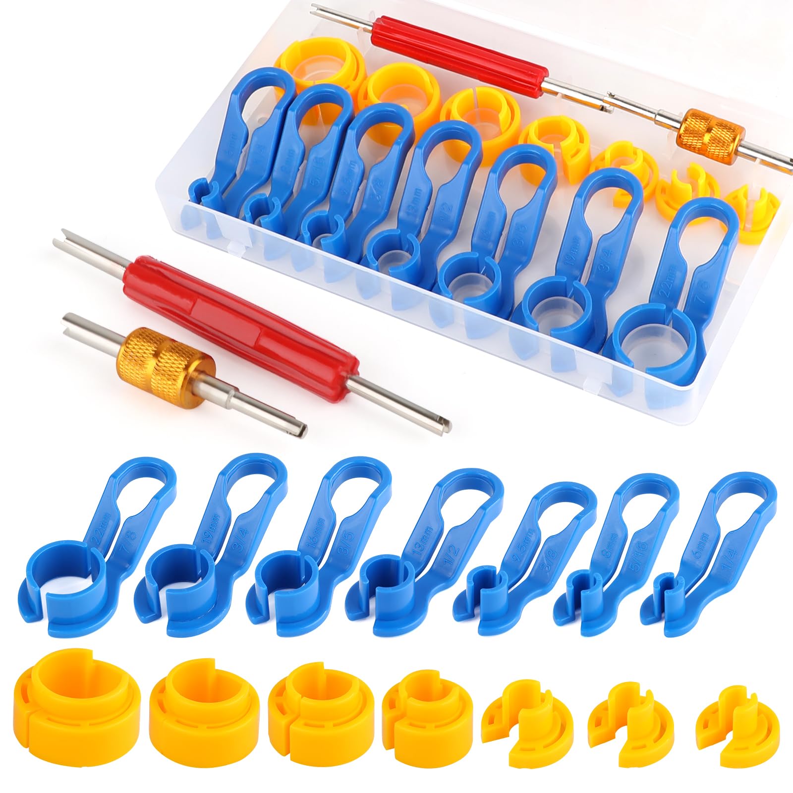 16PCS Car AC Fuel Line Disconnect Tool Set with Storage Box,Master Quick Disconnect Tool Kit,Valve Core Remover Tool Kit 1/4 5/16 3/8 1/2 5/8 3/4 7/8 Inch for Auto AC Repair,Transmission Cooler Lines