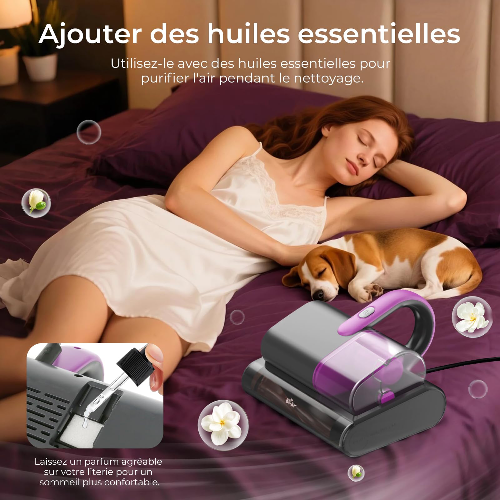 Bear Aspirateur anti-acariens matelas, 15 kpa, 35000 tr/min, UV-C, punaises de lit, 99,9 % bactéries, allergènes, 4 m