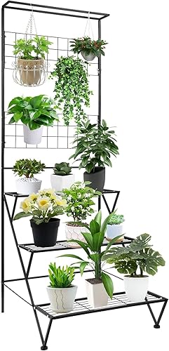 Soporte de metal para plantas para interiores y exteriores, estante alto de esquina plegable de 5 niveles para múltiples plantas, soporte negro para