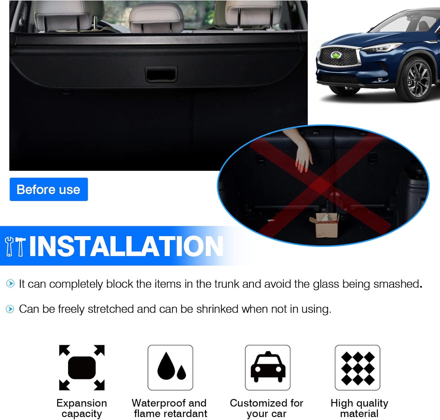 Powerty Retractable Cargo Cover for 2019-2025 Infiniti QX50-Canvas Texture Trunk Cover Privacy Screen Rear Security Shade for QX50 Accessories (Not for QX55)