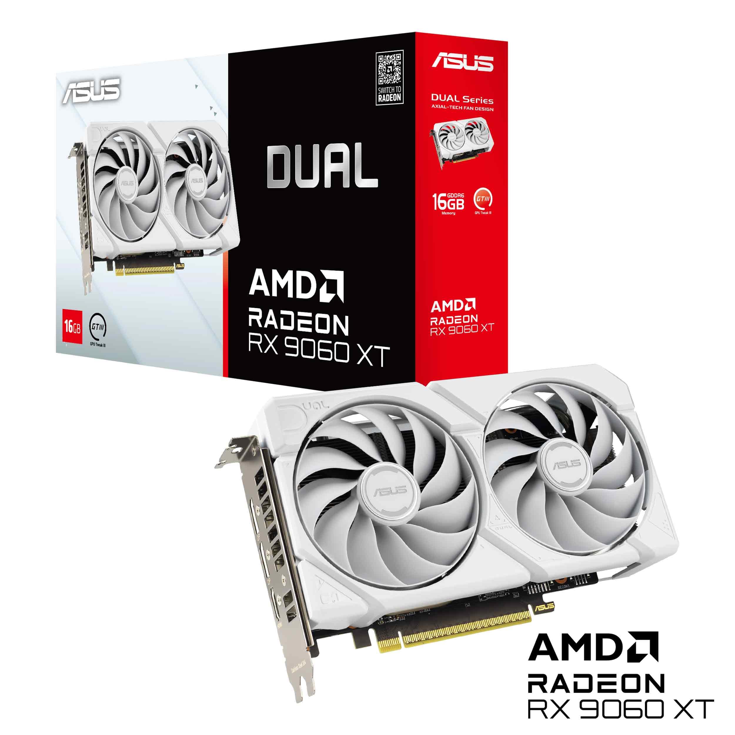 ASUS Dual AMD Radeon RX 9060 XT, Scheda Grafica 16G GDDR6, 128 Bit, PCIe 5.0, 1 HDMI 2.1, 2 DisplayPort 2.1, Ventole Axial-Tech, Tecnologia 0db, GPU Tweak III, Bianco, DUAL-RX9060XT-16G-WHITE