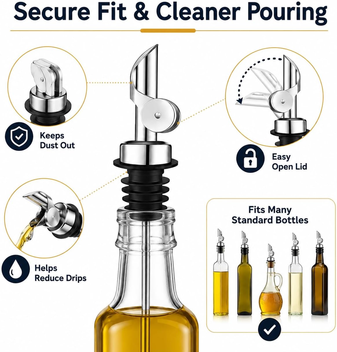 Stainless Steel Olive Oil Bottle Pourers with Weighted Auto Flip Top, 304 Steel, Food-Grade TPE, Set of 6 image 3