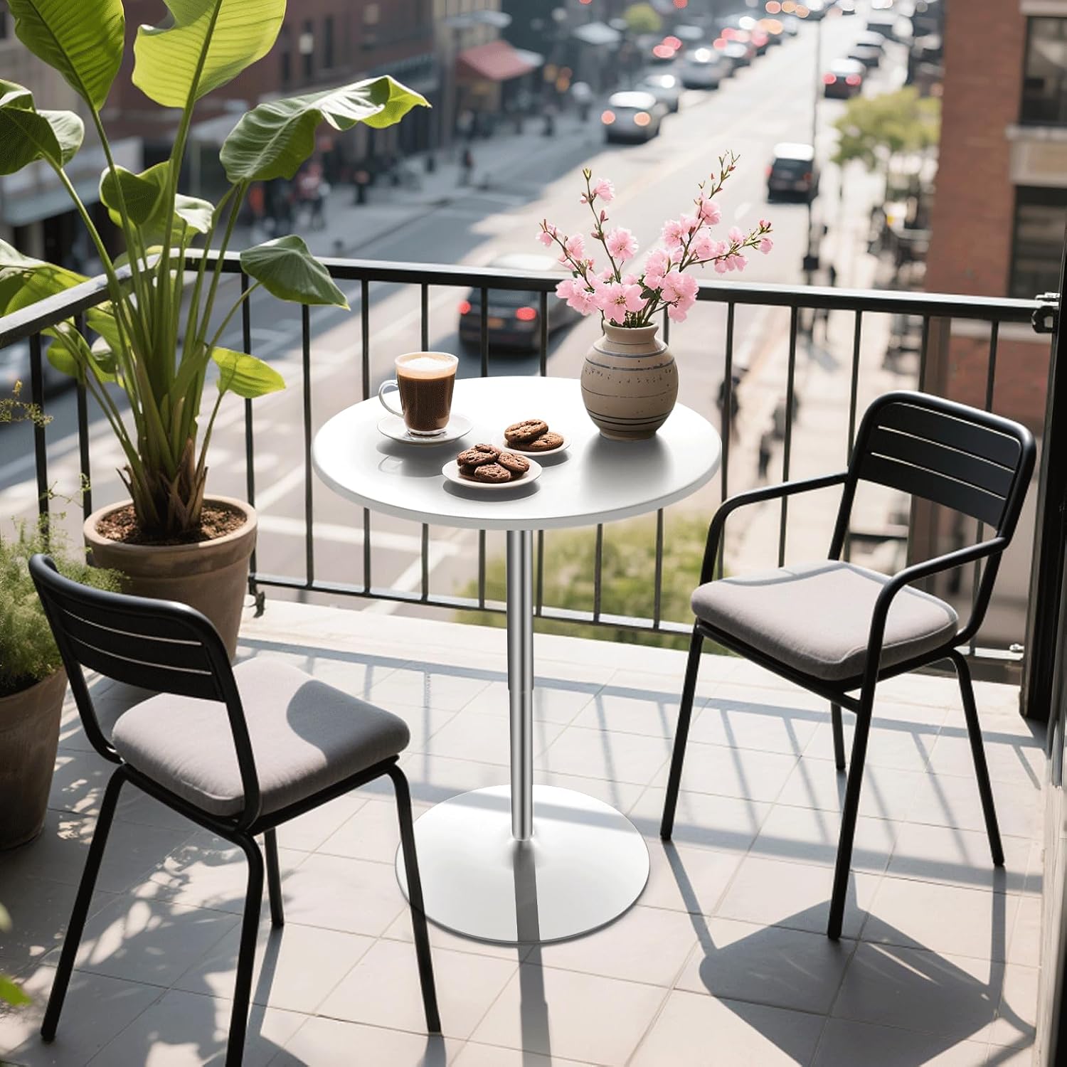 Athena Collection Round Bar Table 27.5"- 36" Height Adjustable Bistro Pub Table, Bar Height Cocktail Table with Swivel Top Metal Base, Tall Table for Home Bar Party Event, White
