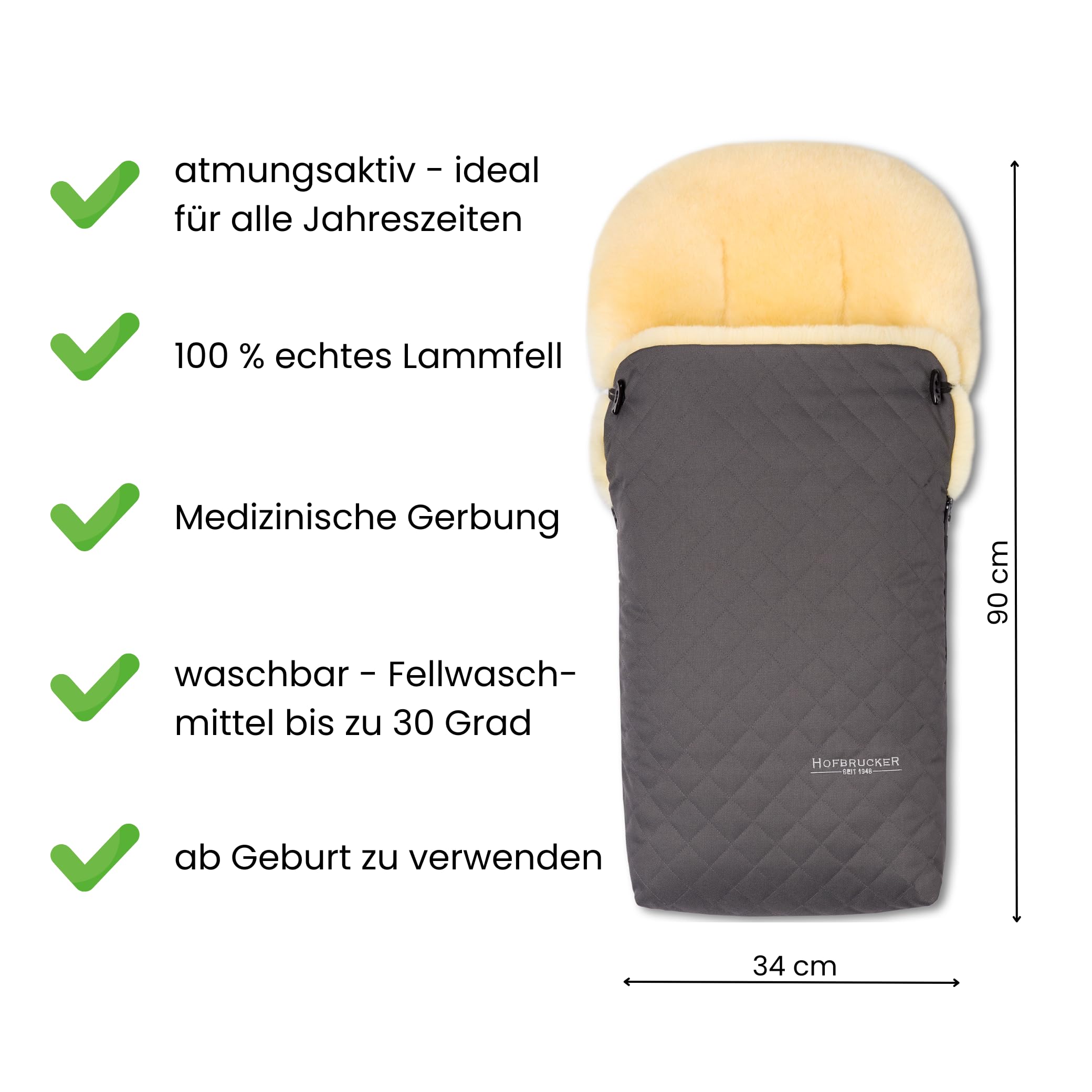 Hofbrucker Putzi Limited – Saco de bebé para cochecito de bebé de 90 cm, saco para los pies para cochecito de bebé, invierno, piel de cordero, diseño acolchado, resistente al viento y al agua