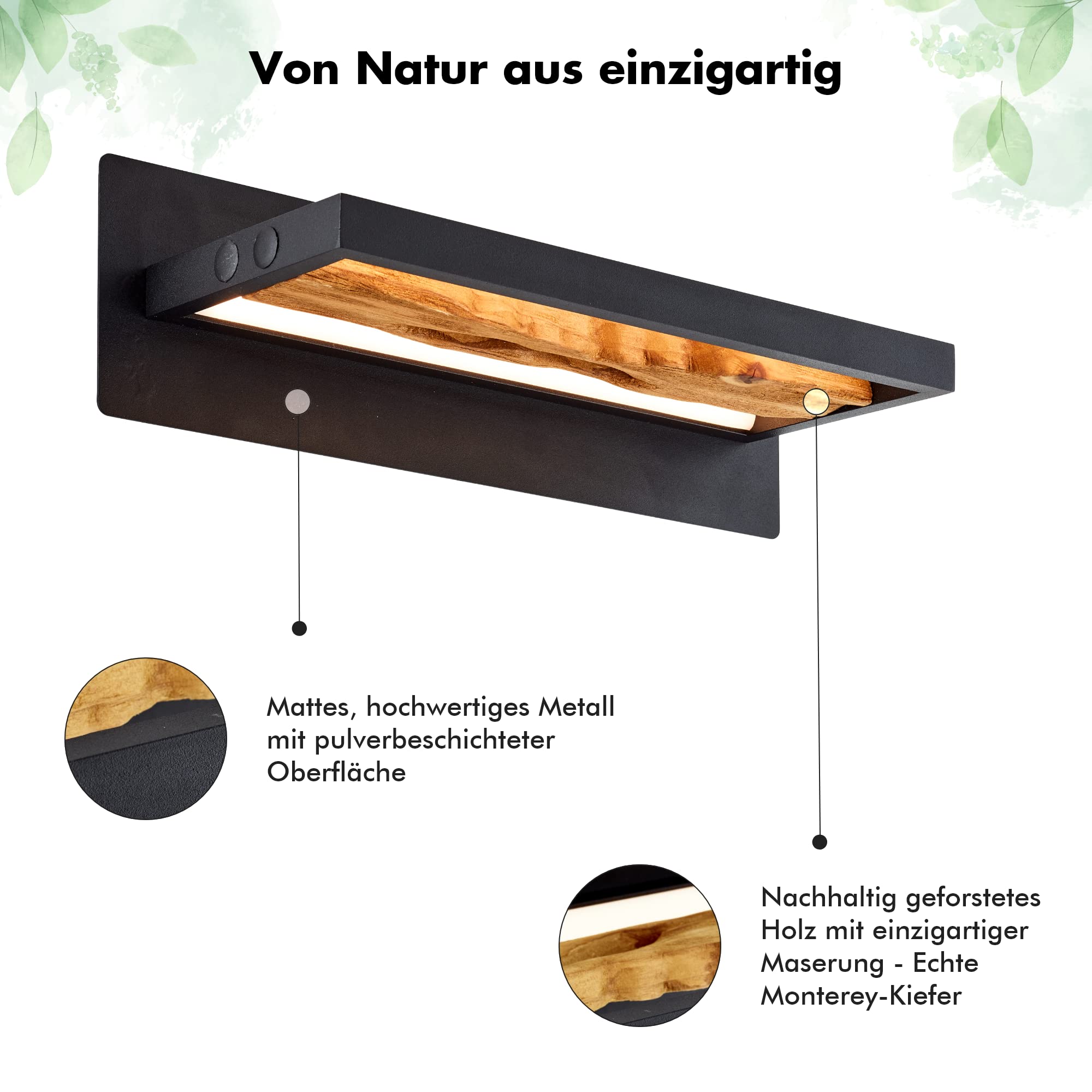 Brilliant LED Wandleuchte Holz 35cm schwarz/holz, Aluminium/Metall/Holz, LED Wandlampe Innen Holz, Schlafzimmer Deko, Holzlampe Wandlampe, Lampe Schlafzimmer 1x LED integriert 9,5 W