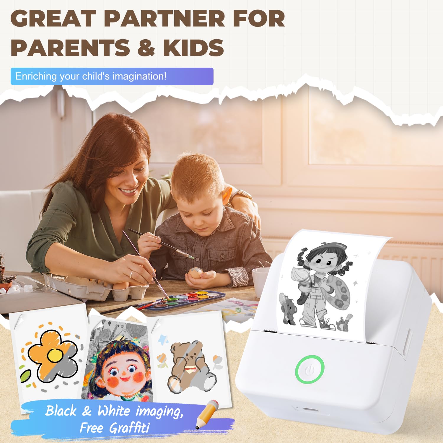 Mini imprimante photo portable Bluetooth avec 10 rouleaux de papier thermique, compatible iOS Android (blanc)