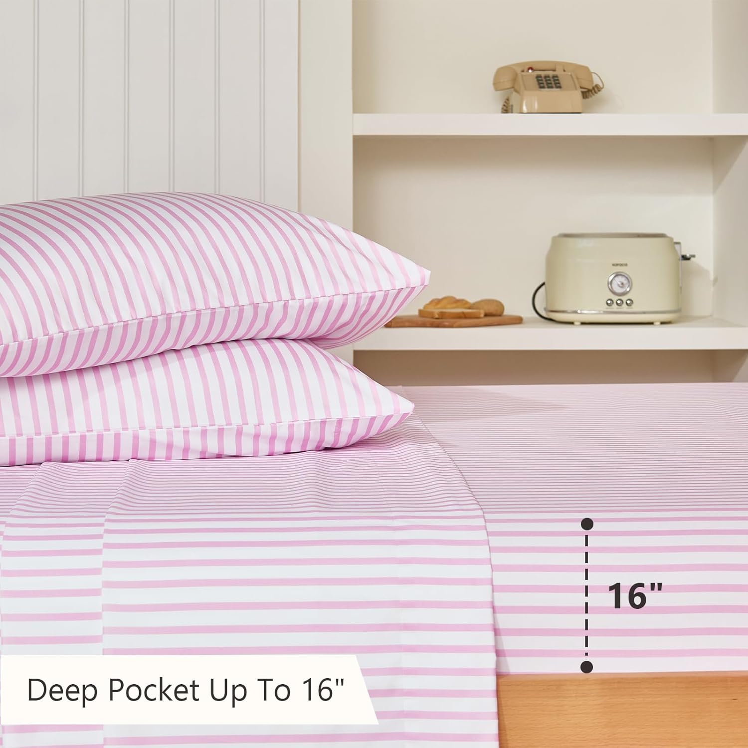 MCO 4Pieces Striped Sheets Set, Breathable Queen Sheet Set with 16" Deep Pocket,Modern & Luxury, Brushed Microfiber Bedding Set(Queen, Pink Simple)