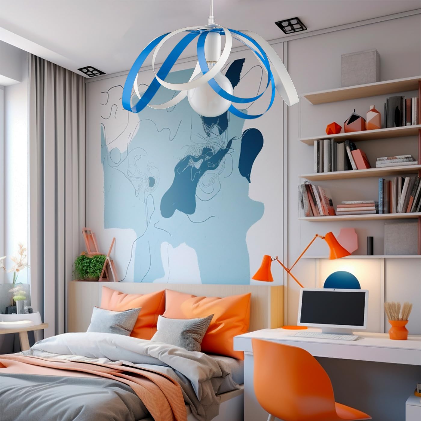 LEOLUX Fiocco Lampadario Cameretta, Soggiorno, Camera Da Letto, Moderno, Con Altezza Regolabile E Facile Da Montare Al Soffitto. Lampadario A sospensione bianco E Azzurro.