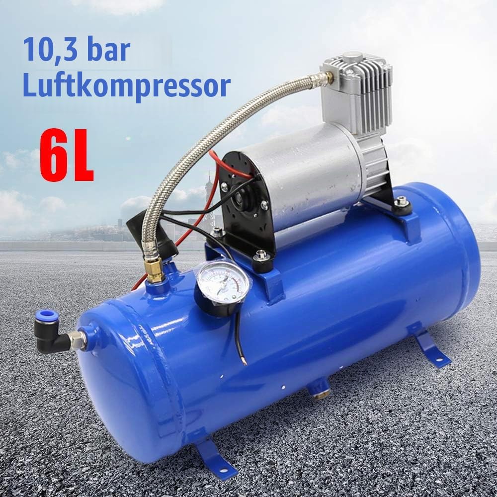 Kompressor 6L 12V 150 Psi Luftkompressor Tankinhalt Compressor Flüsterkompressor Druckluftkompressor für Fahrzeugreifen, Bälle, Boote Komplettes Zubehör Automatischer Schalter