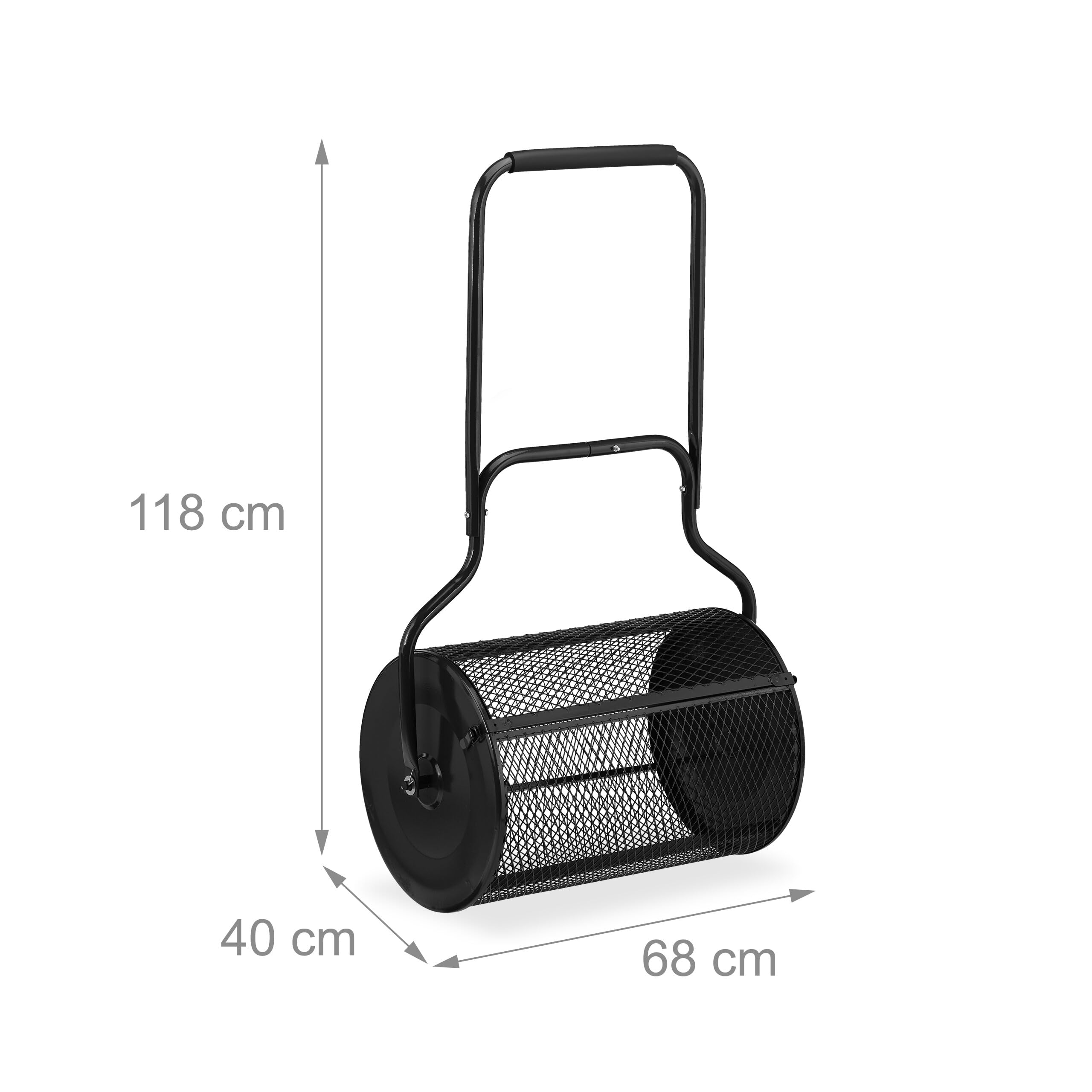 Relaxdays Esparcidor de Abono para Césped, Cesta de Rejilla 80 L, Dispensador Compost con Asa, 118 x 68 x 40 cm, Negro, Acero, Gomaespuma
