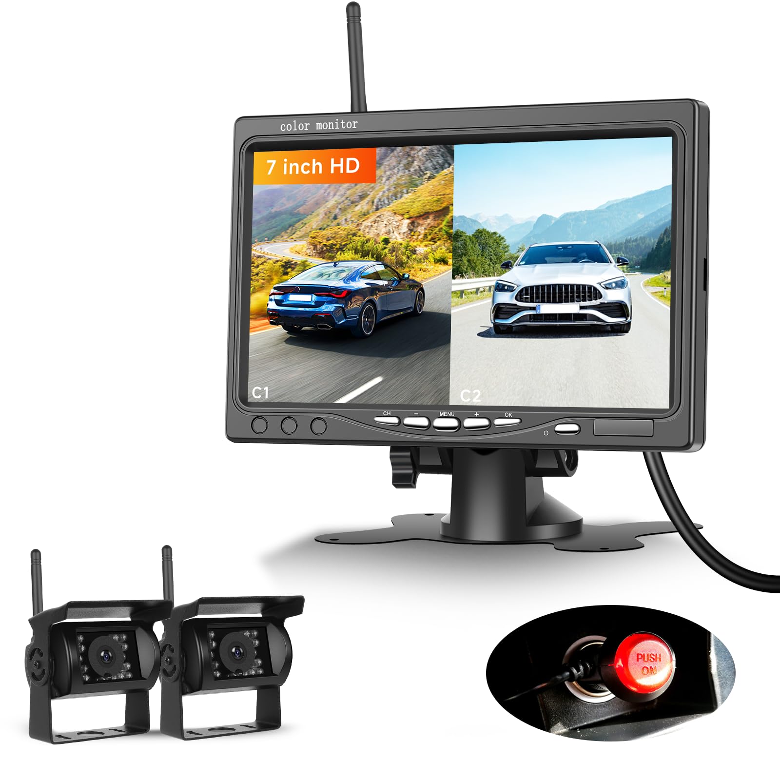 VECHTEL 2*Telecamera posteriore wireless con IPS monitor da 7 pollici,schermo diviso in 4 parti/assistenza al parcheggio,telecamera posteriore AHD IP68 per visione notturna per SUV,camion camper