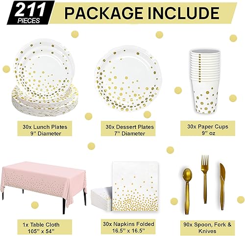 Miniatura 9 de Jubi Juego de vajilla de papel de lunares rosa y dorado para 30  Juego de platos de fiesta y servilletas, platos y tazas de fiesta rosados, platos