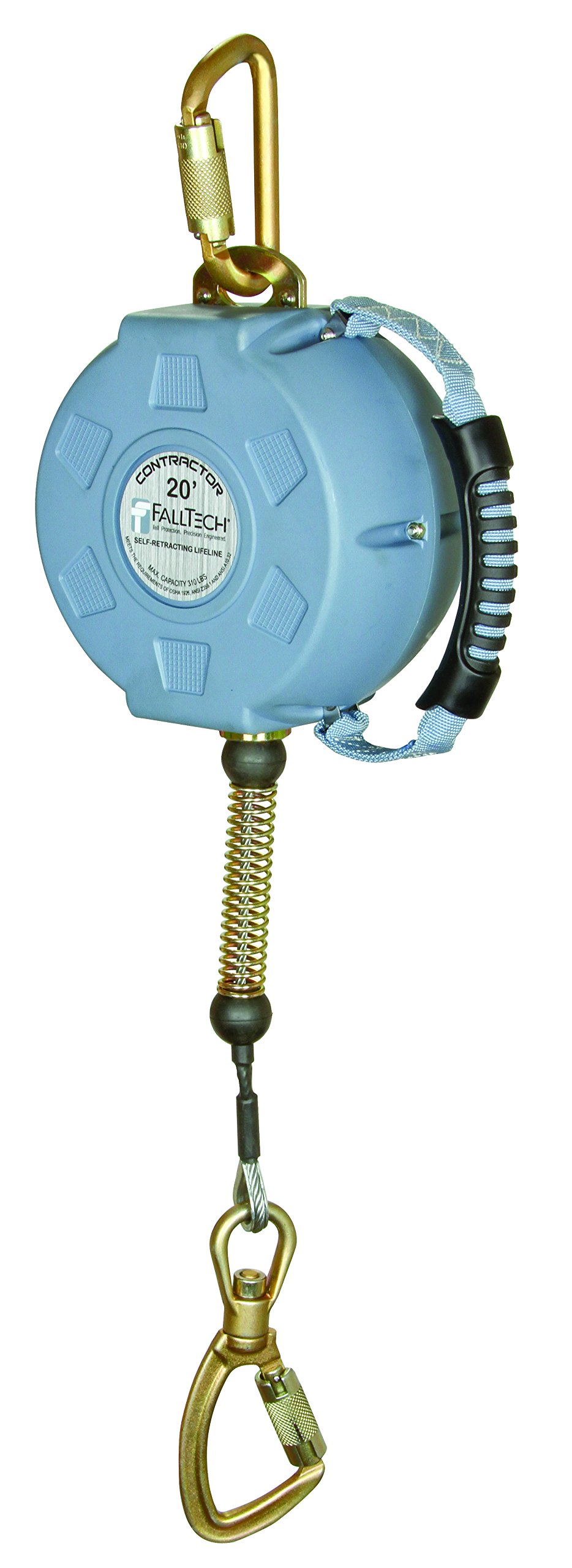 FallTech 727620 Contractor/Galvanized Cable SRL-Glass-Filled Nylon Housing, 1 Connecting Carabiner and 1 Load-Indicating Swivel Carabiner, 20', Blue