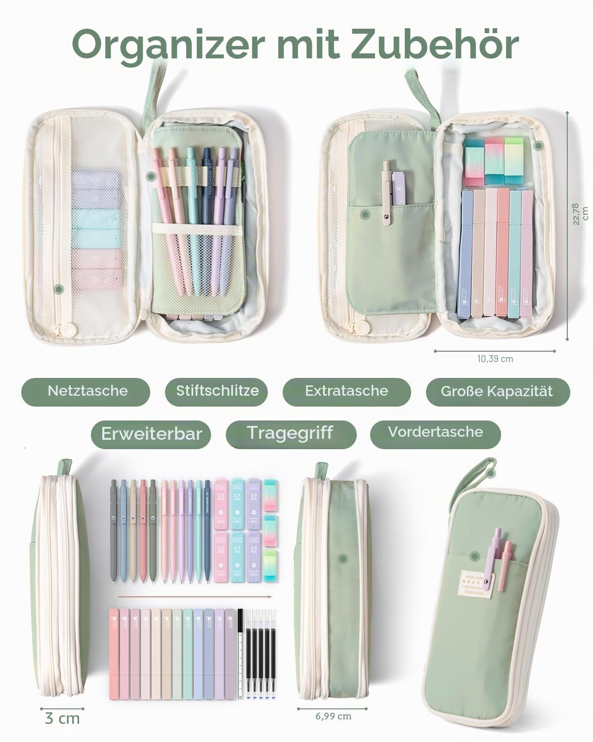 Four Candies 39 Stück Schulsachen mit Mäppchen, 12 Pastell Textmarker, 5 Gelstifte, 6 Druckbleistift Set, Aesthetic Stifte und Coole Sachen für Teenager Mädchen School Stuff Clean Girl (Grün)