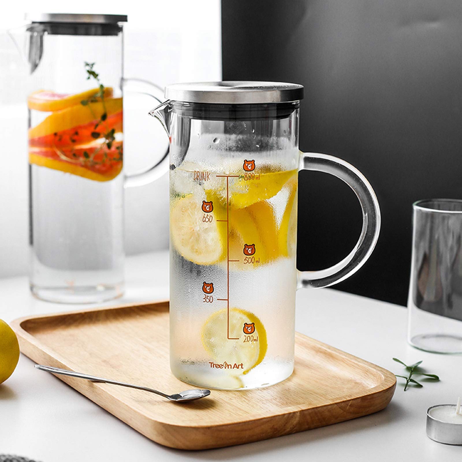 LOWLIU Caraffe di tè Freddo Brocca di Vetro Carino casa di Vetro Dritto teiera con Scala con Filtro in Acciaio Inox for Il Succo tè Freddo/Caldo beverage-1000ml brocche (Color : B)