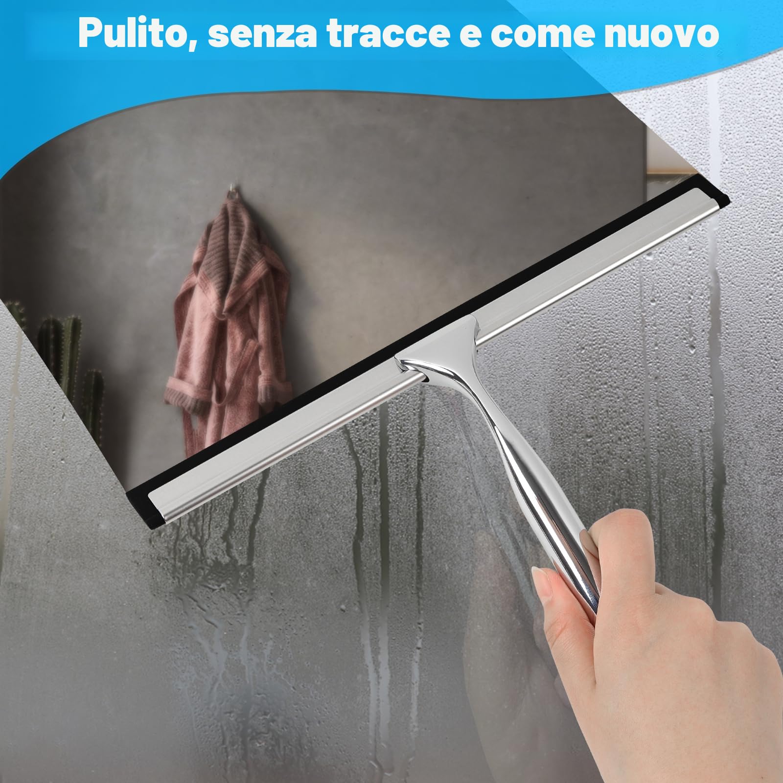 25CM Tergivetro Per Doccia, Tira Acqua Da Doccia In Acciaio Inox, Tiraacqua Vetri Doccia Con 1 Gancio E 2 Lama In Silicone, Senza Bisogno Di Forare, Può Pulire Bagno, Finestre E Specchi