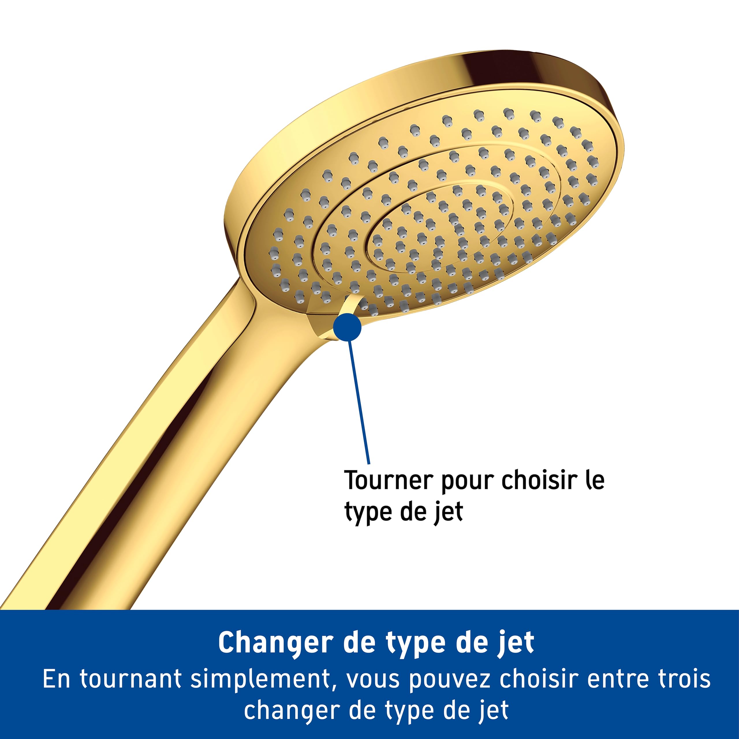 Système de douche Duravit, système de douche à économie d'eau, douche de tête avec 3 types de jets (Rain, Intense Rain, Soft Rain), réglable en angle, kit de douche facile à nettoyer, doré poli
