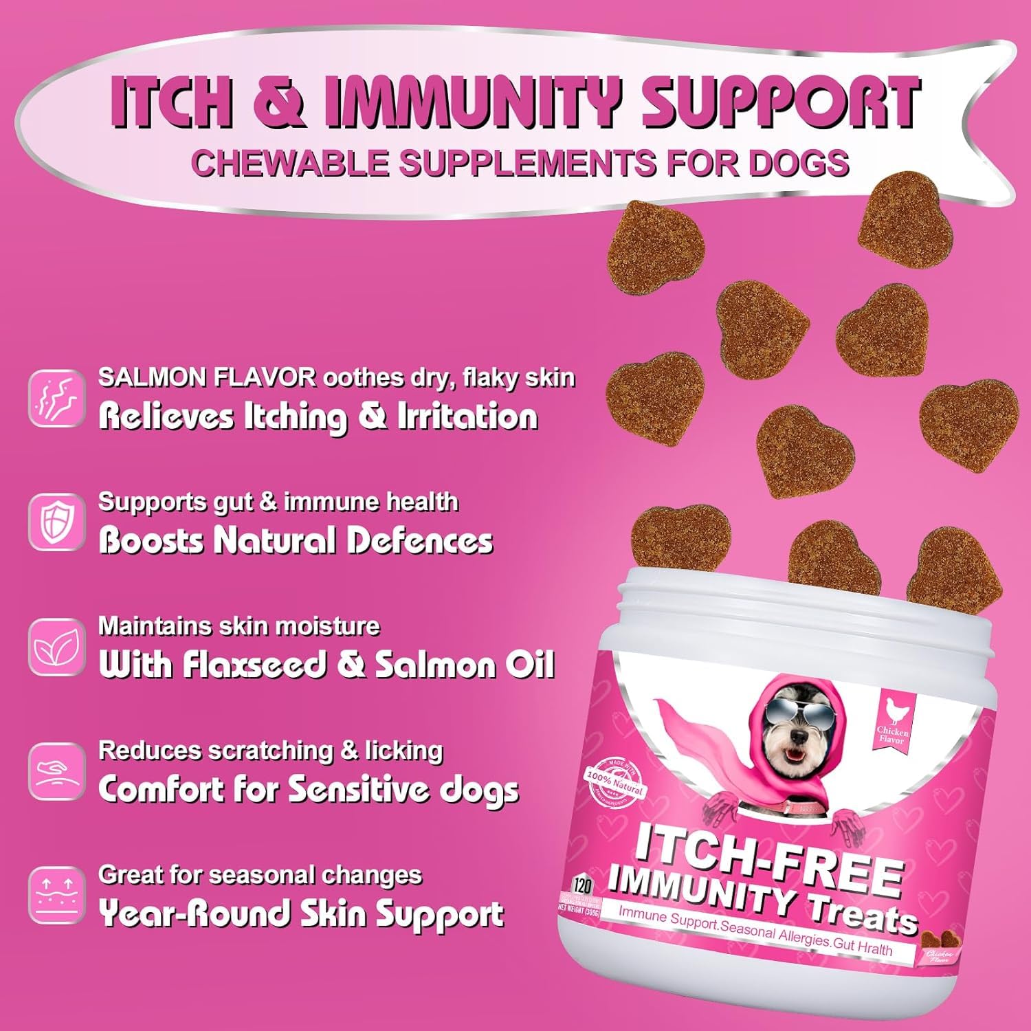 Démangeaisons Chien | 120 Compléments Premium | Réduit Léchages, Grattements & Mordillements | Oméga 3 & Probiotiques | Formule Vétérinaire | Saumon | 300g