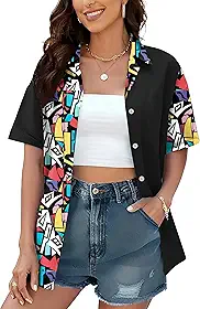 Camisetas femininas dos anos 80 e 90: camisetas de festa de discoteca Neno dos anos 80 havaianas com botões