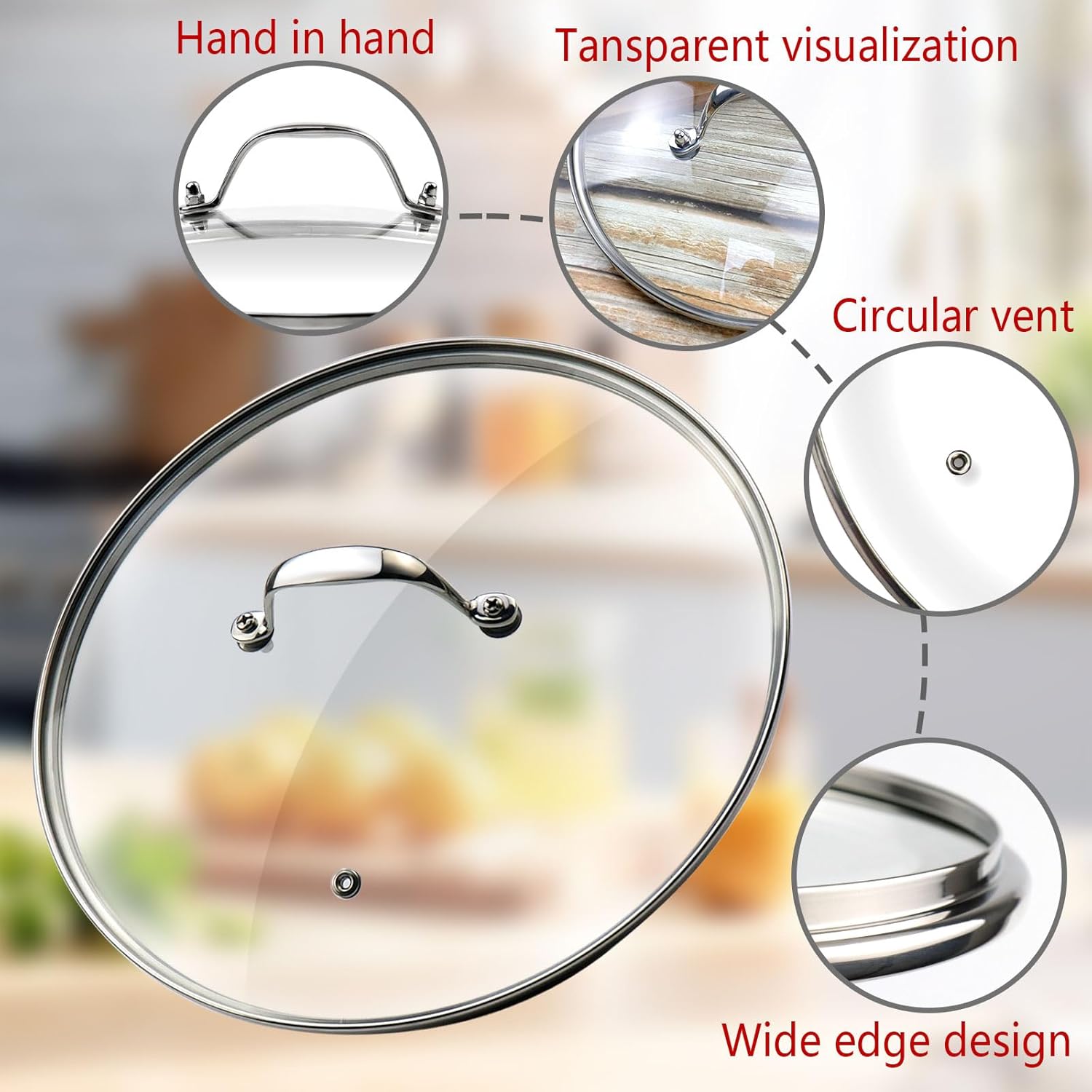 10 Inch Clear Tempered Glass Pan Lid Replacement with Stainless Steel Arch Handle, Oven Safe Up to 356°F (180℃), Silver